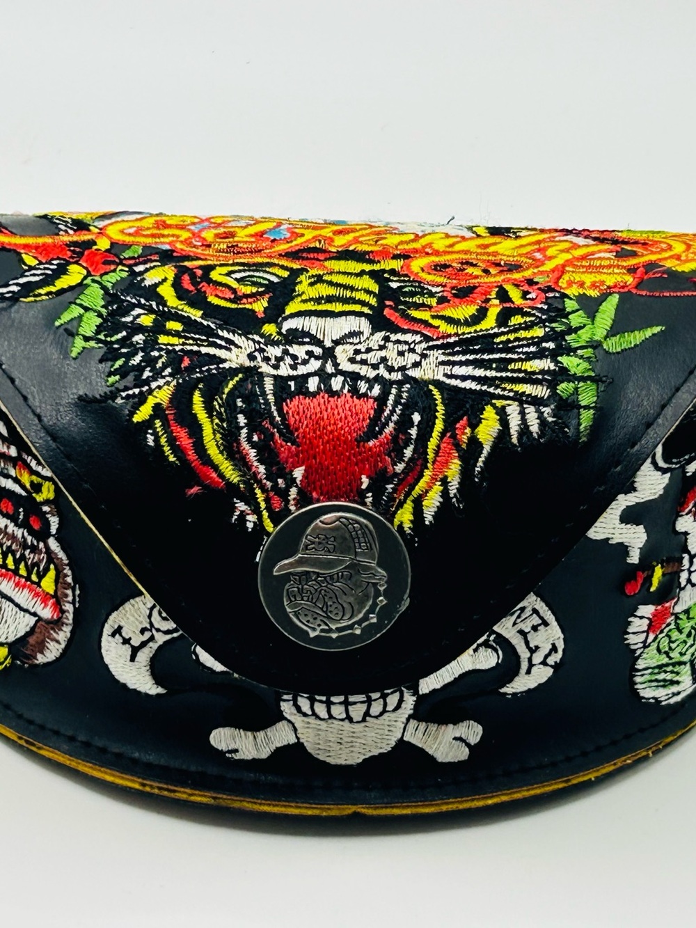 Rare vintage Ed Hardy Embroidered Tiger Skull Leather Case